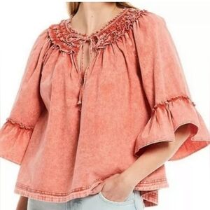 Free People Ainsley Tie Detail V-Neck Ruffled Denim Top Rose Wash​ Small NWT